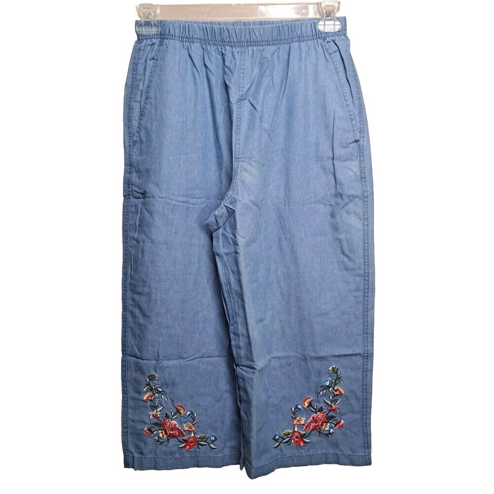 CW Classics Capri Pants Medium Elastic Waist Pullon Embroidered Culotte Flowers